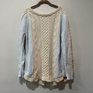 LL Bean Signature Sweater Women’s Large Cable Knit Beige Blue Pullover Preppy